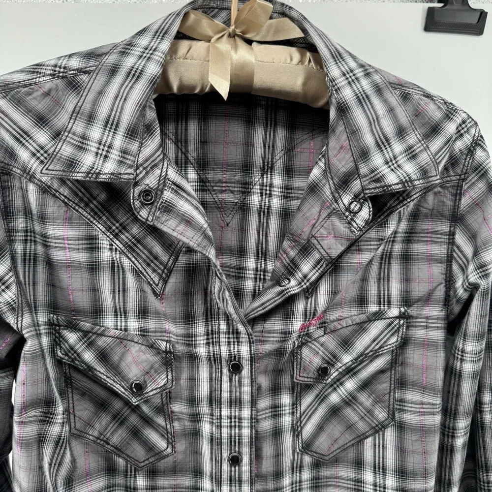 Cruel Girl Plaid Snap Shirt Youth L Gray Black Pink Western Cowgirl Rodeo Y2K
